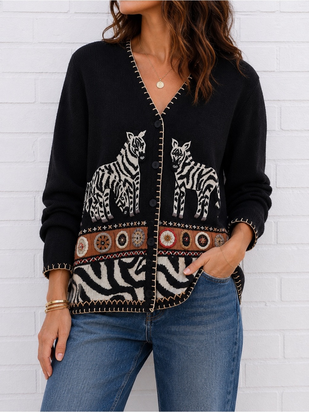 Vintage Arriviste Zebra Cardigan Ramie Cotton Beaded Animal Print Statement